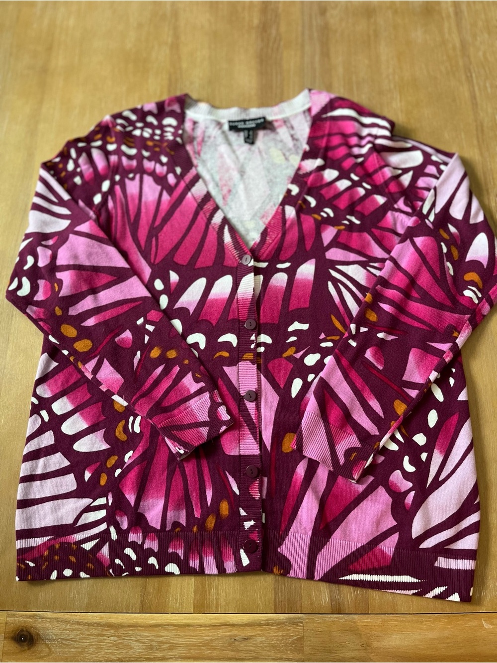Susan Graver Weekend Butterfly Wing Print Cardigan Sweater Pink Purple Large